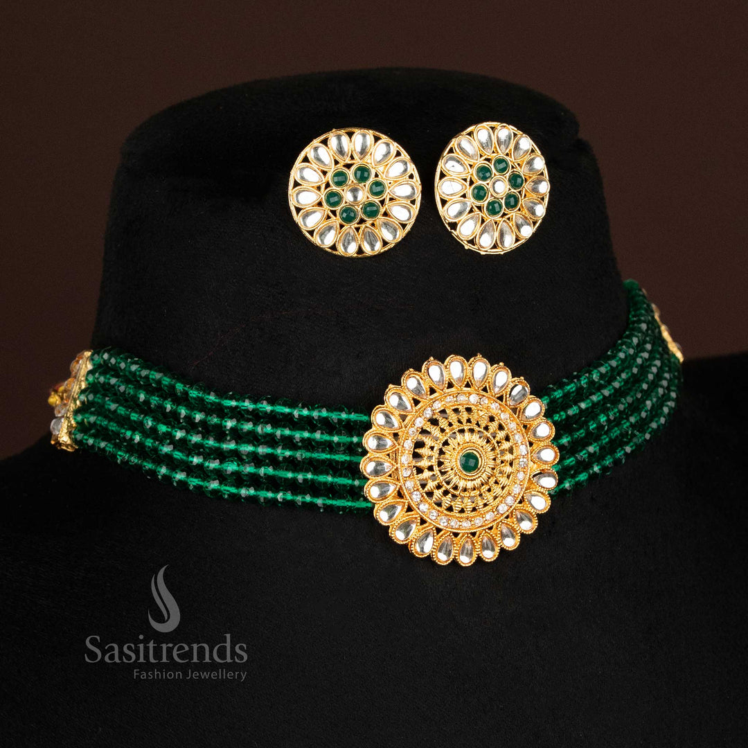 Forest green crystal bead choker necklace with round kundan centre and floral earrings – botanical elegance jewellery from sasitrends