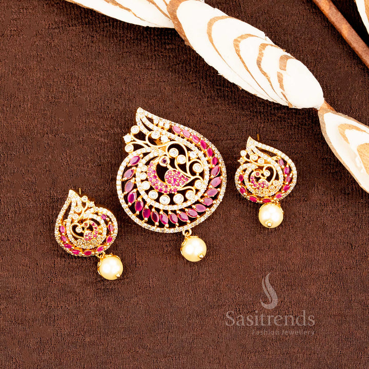 Attractive Micro Gold Plated Peacock Pendant with Matching Earrings - AD Stone Studded Traditional Set - Sasitrends