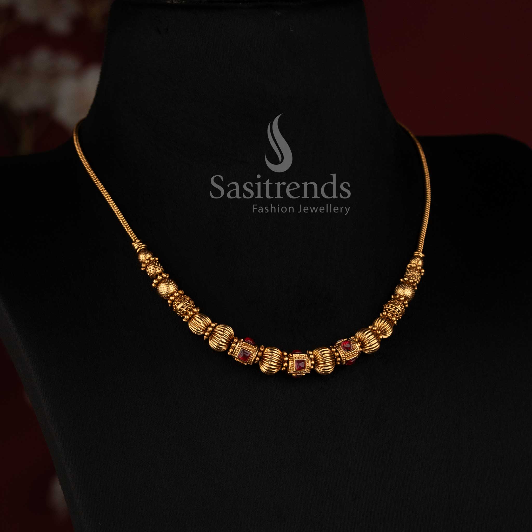 2760 matte gold plated temple ball chain necklace with ornamental textured beads and faceted detailing by Sasitrends