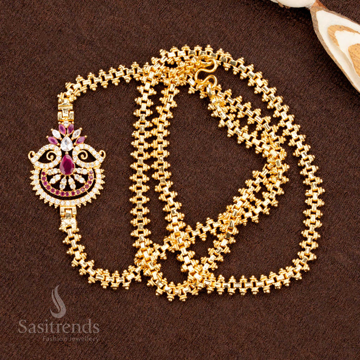  Elegant white-ruby one-gram micro gold plated Mugappu chain with floral fan design, featuring AD stones for a traditional saree jewellery masterpiece - Sasitrends