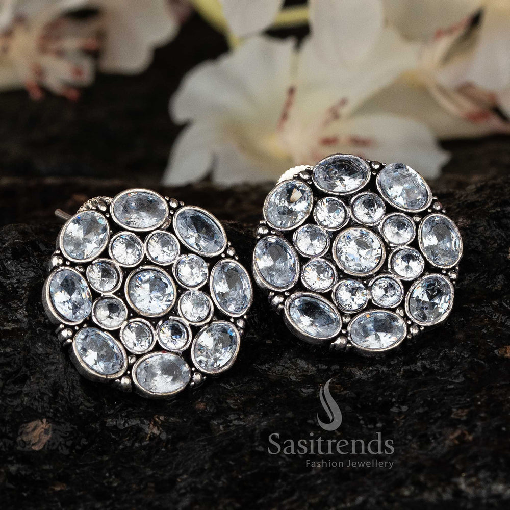 Crystal White Oxidised Stud Earrings, Sophisticated Accessory