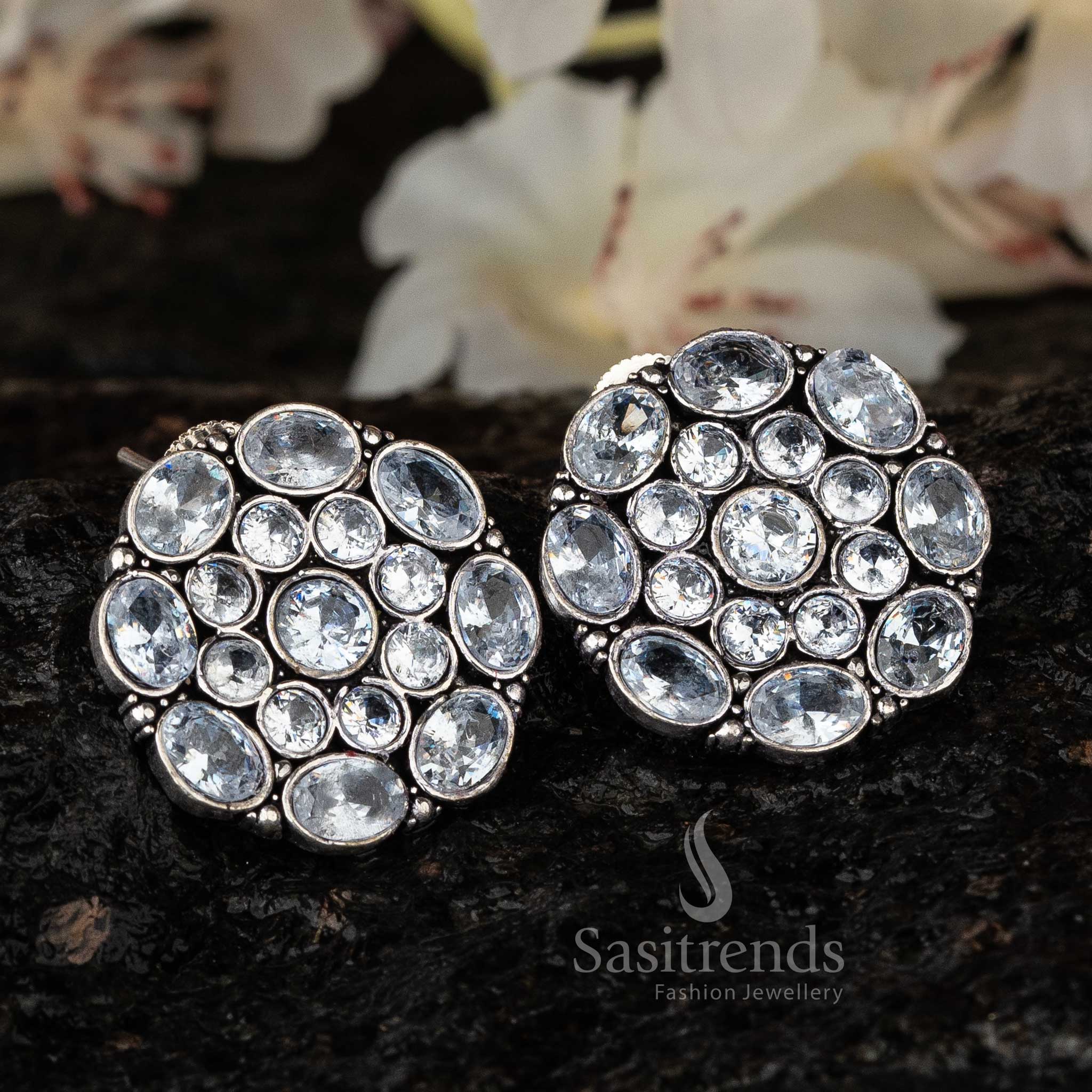 Crystal White Oxidised Stud Earrings, Sophisticated Accessory
