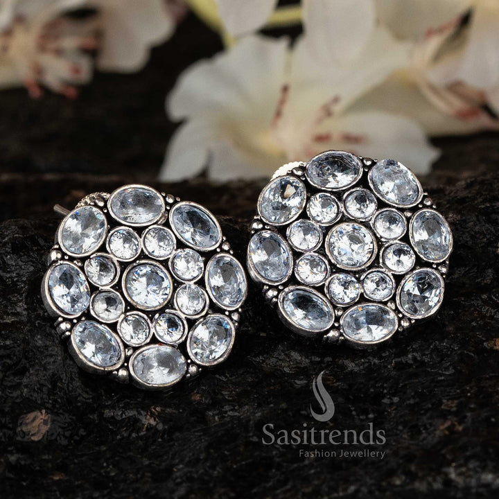 Crystal White Oxidised Stud Earrings, Sophisticated Accessory