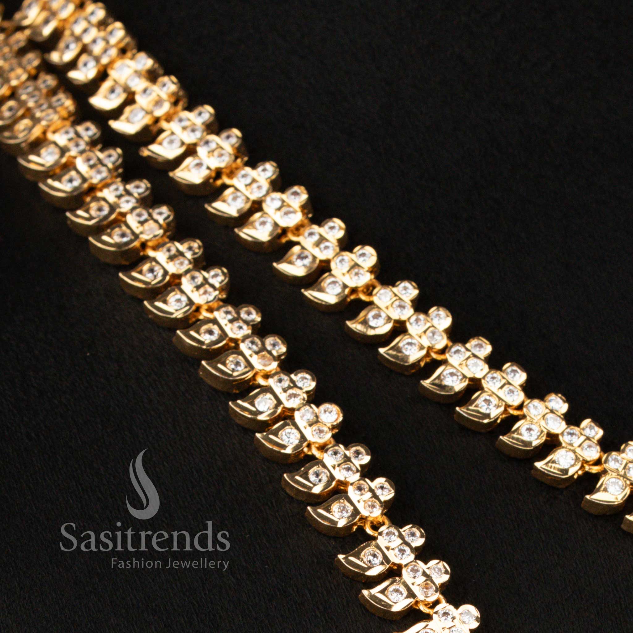 Close-up view of Guaranteed Impon Micro Gold Plated Traditional Mango Addigai Necklace featuring intricate mango motifs and American Diamond detailing