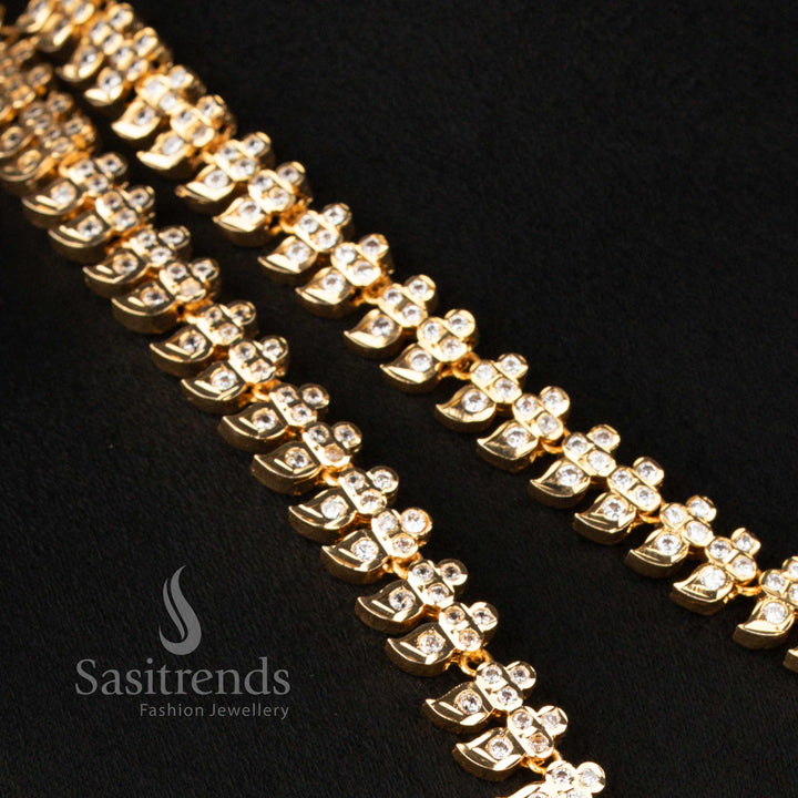Close-up view of Guaranteed Impon Micro Gold Plated Traditional Mango Addigai Necklace featuring intricate mango motifs and American Diamond detailing