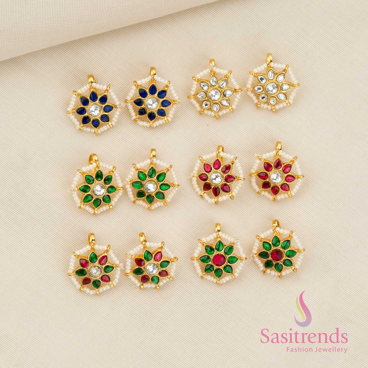 24K Jadau Kundan Gold Plated Floral Sunburst Earcuff Bugadi Earrings with Pearl Fringe for Traditional Ceremonial Looks
