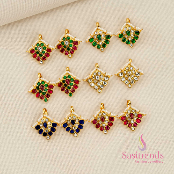 24K Jadau Kundan Gold Plated Floral Petal Design Earcuff Bugadi Earrings with Pearl Fringe for South Indian Ceremonial Styling