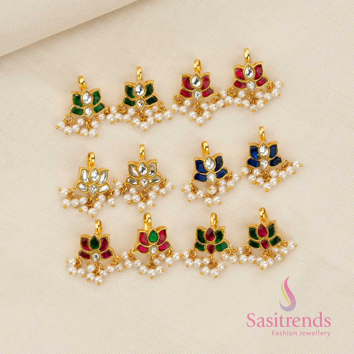 Exquisite 24K Jadau Kundan Gold Plated Lotus Motif Earcuff Bugadi Earrings with Pearl Hangings for Traditional South Indian Styling
