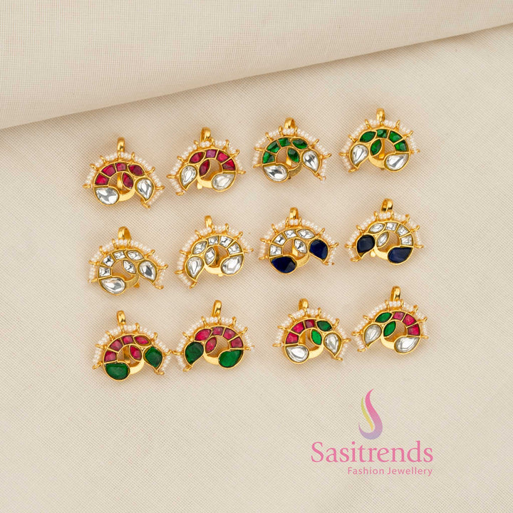 24K Jadau Kundan Gold Plated Peacock-Face Crescent (Half-Moon) Earcuff Bugadi Earrings with Pearl Fringe for Heritage wear