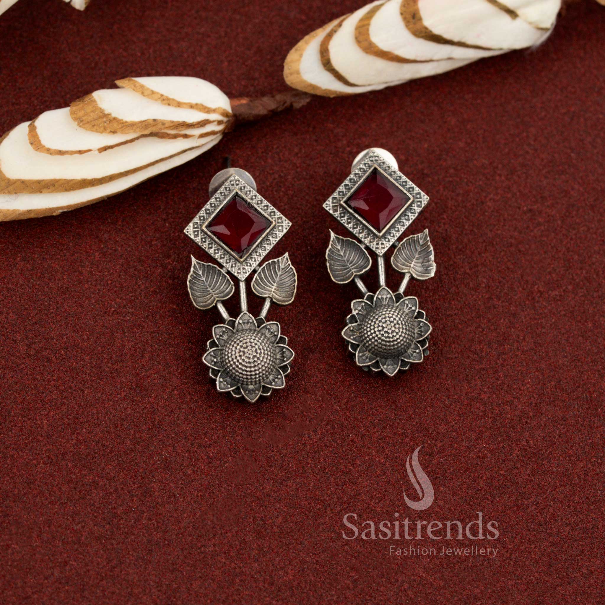 Crimson focus antique oxidised stone square and floral red earrings adding subtle confidence ideal for office routines and polished daily wear – Sasitrends