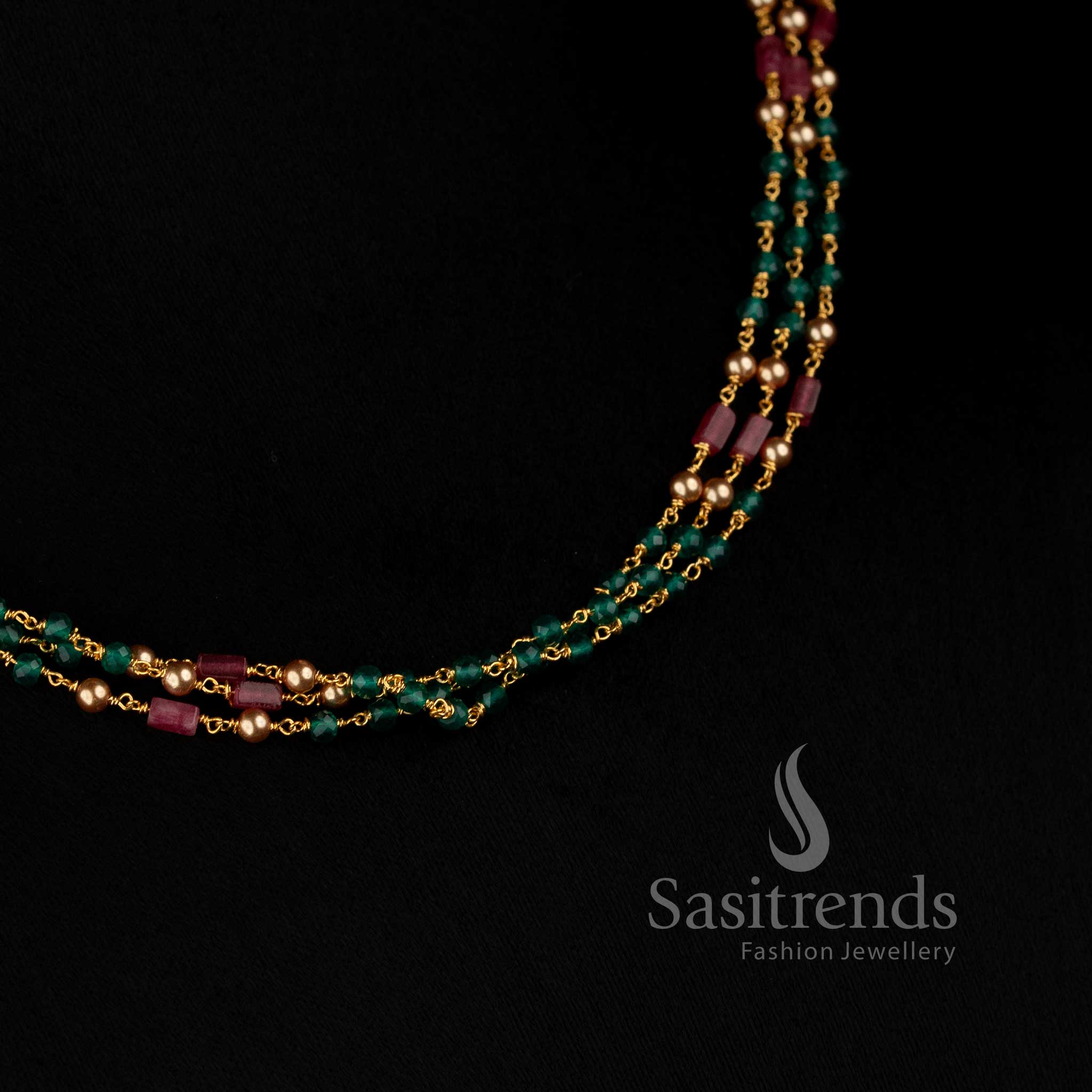Cubic Zirconia stone necklace with triple-strand structure and detailed green pink beadwork for festive wear 