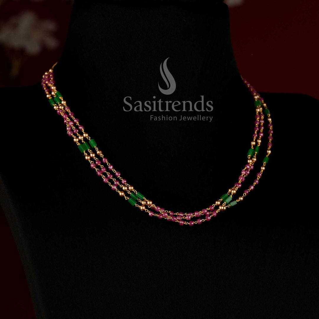 Beautifully Crafted Cubic Zirconia Stone Triple-Strand Beaded Necklace | Elegant Traditional Jewellery - Sasitrends