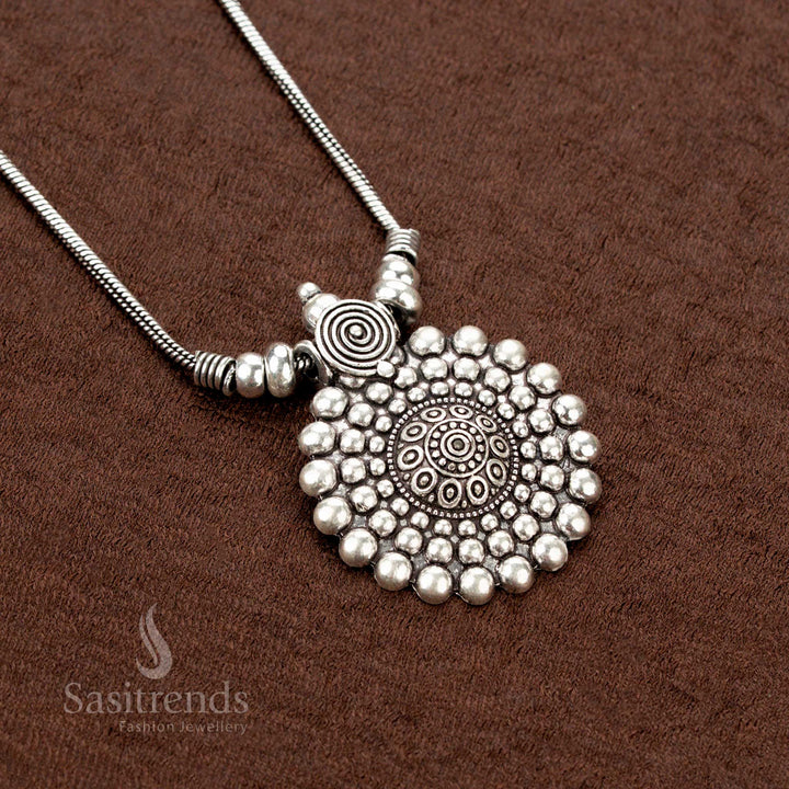 Amazing Oxidised Silver Chain Pendant Necklace with Round Spiral and Beaded Floral Mandala Pendant – Traditional Navaratri Jewellery - Sasitrends
