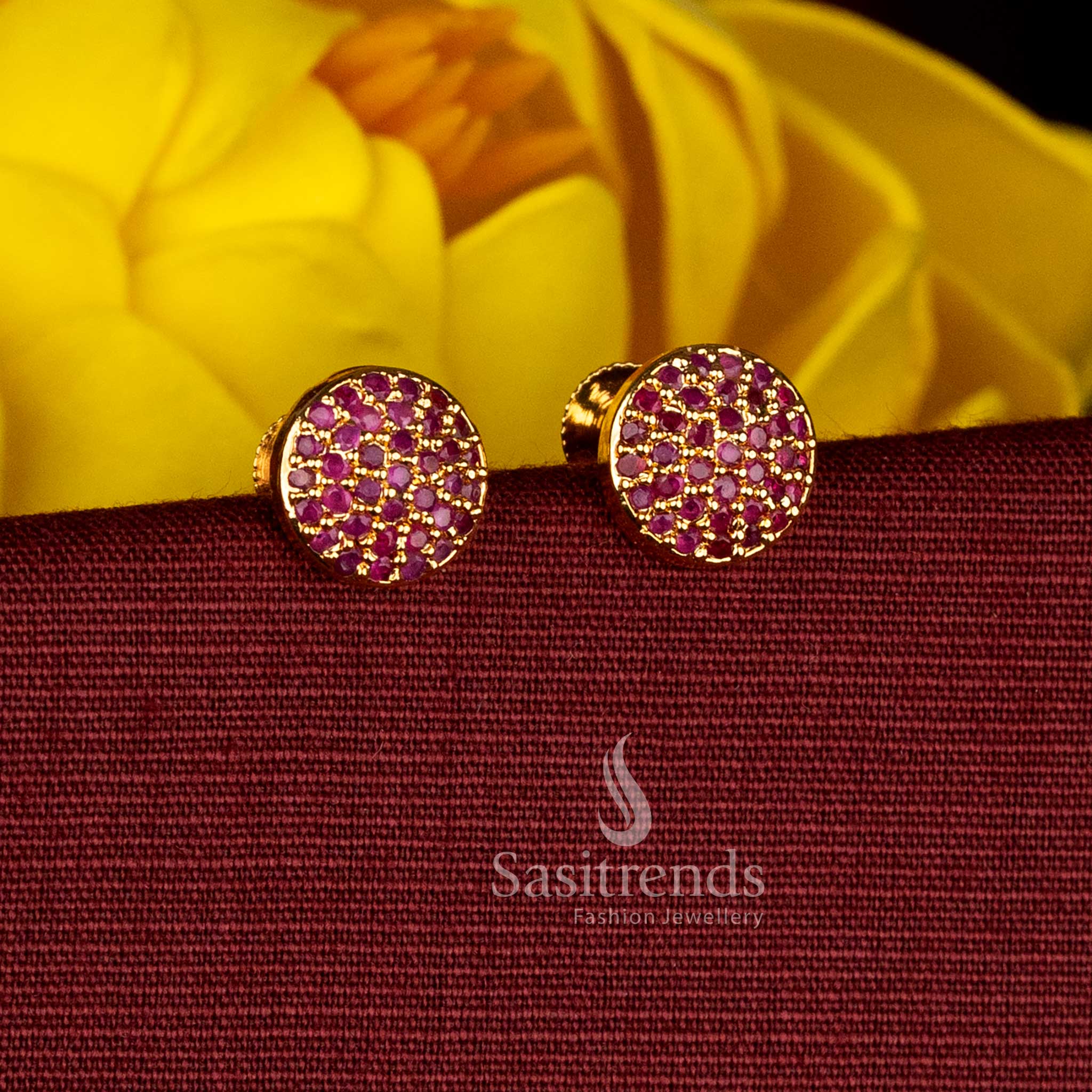 Guaranteed ruby AD Stone Round Cluster Stud Earrings Screw Type Traditional Micro Gold Plated 24K Carat Pure Gold Finish – Sasitrends