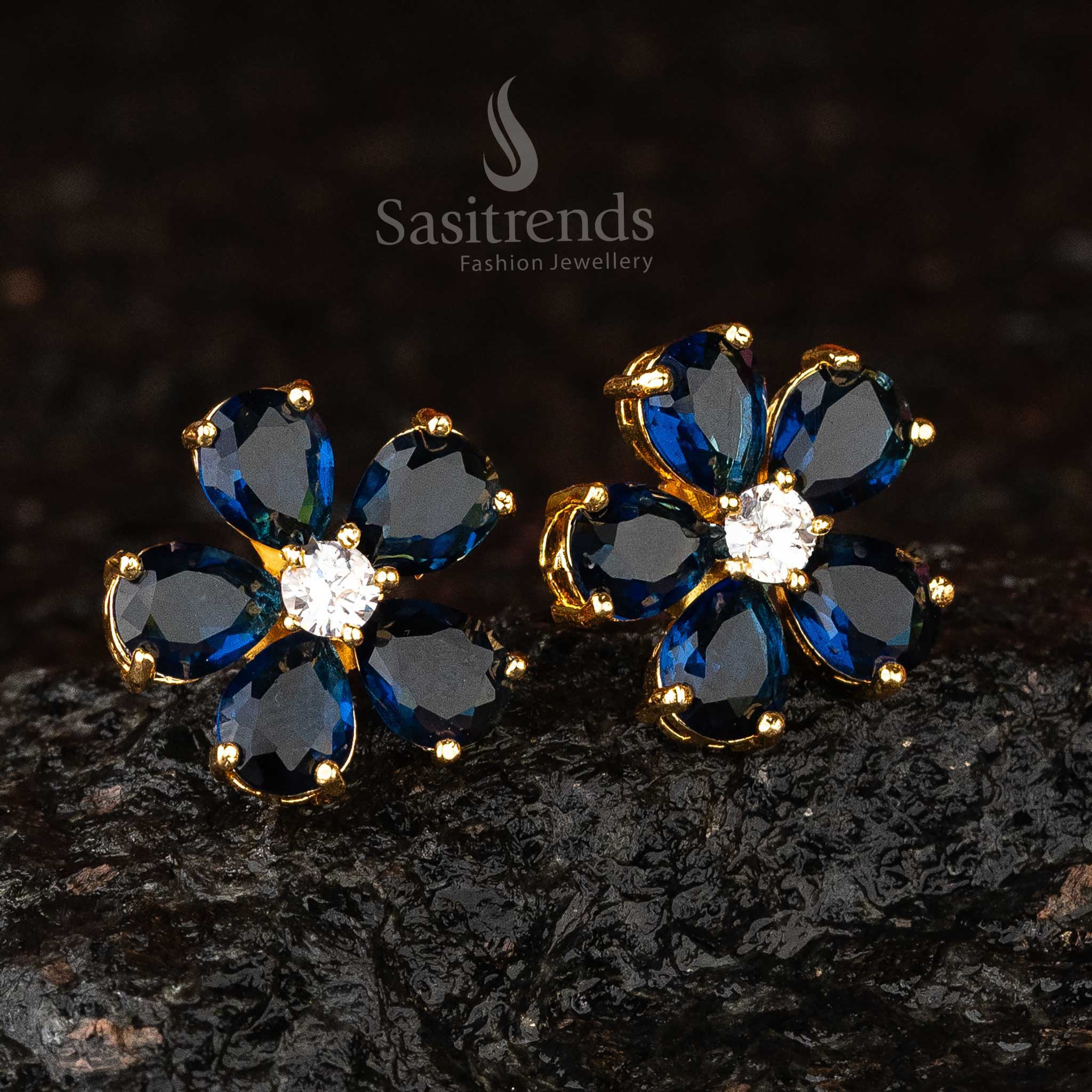 Vibrant Ruby Flower Earrings with American Diamonds - Gold Plated - Sasitrends