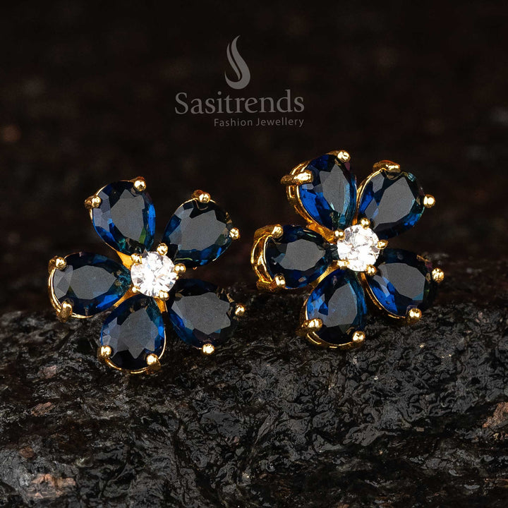 Vibrant Ruby Flower Earrings with American Diamonds - Gold Plated - Sasitrends