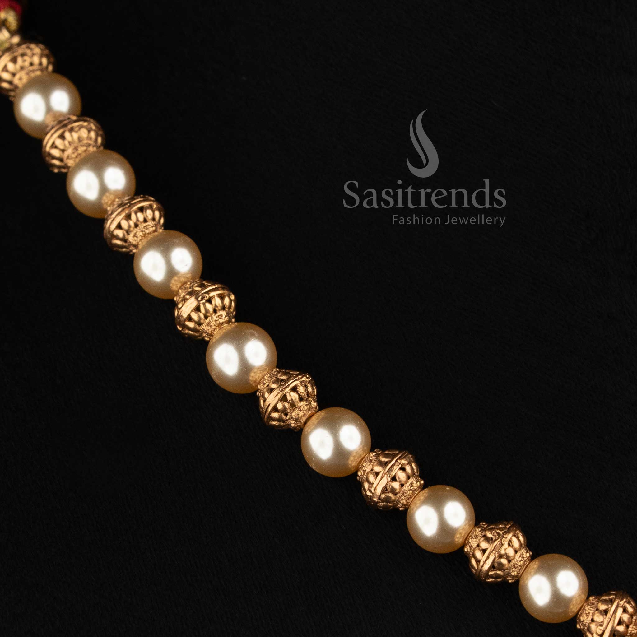 Traditional Antique Pearl and Golden Bead Mala Necklace Set for Women - Sasitrends