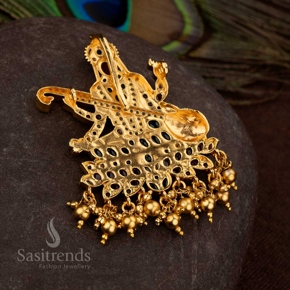 Premium temple jewellery pendant showcasing Goddess Saraswathi Devi with detailed stone setting, antique matte gold plating and classic South Indian temple design - Sasitrends