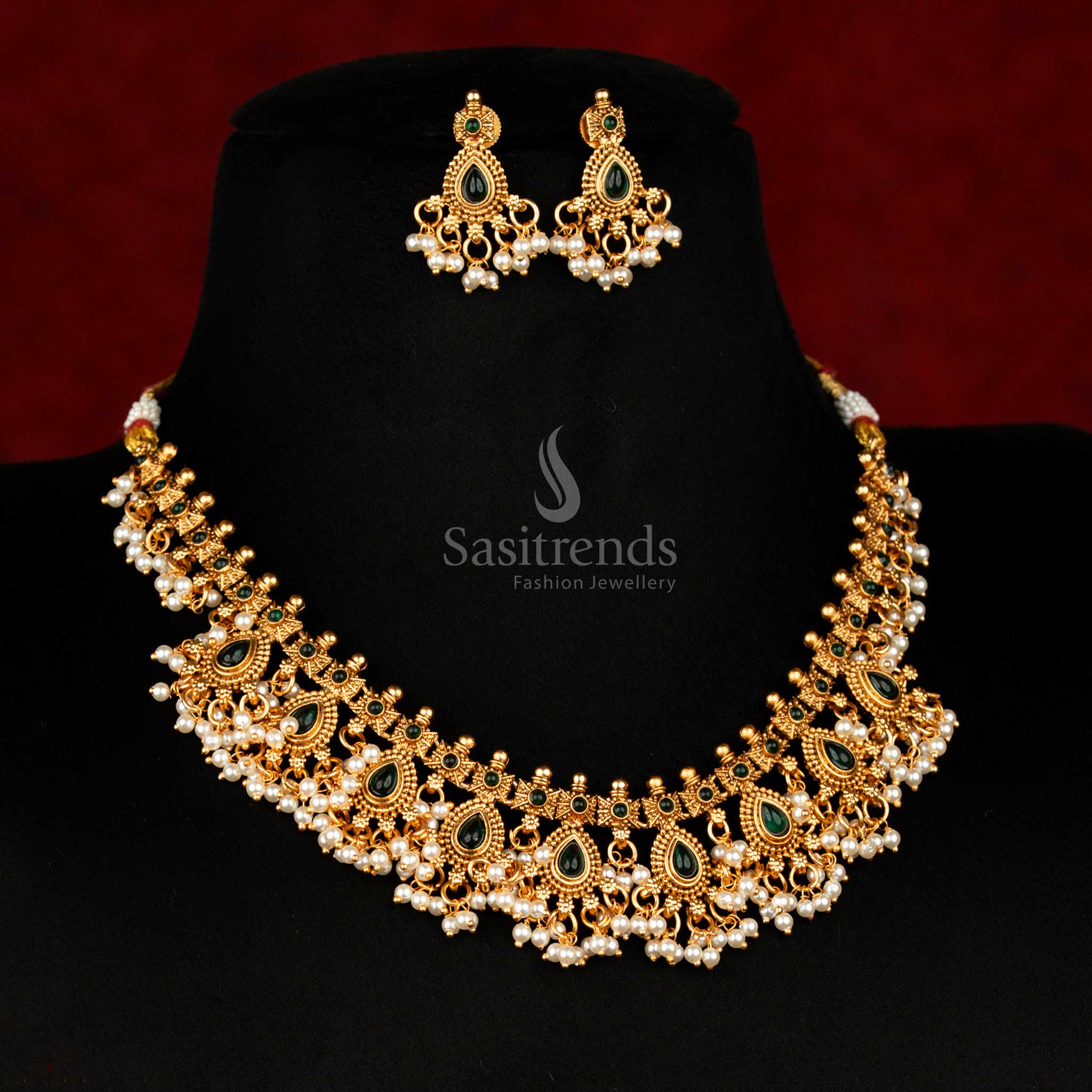Temple Treasures Matte Gold Necklace Set with Green Stone Motifs and Layered Pearls – Holy Vibes Heritage Jewellery – Sasitrends