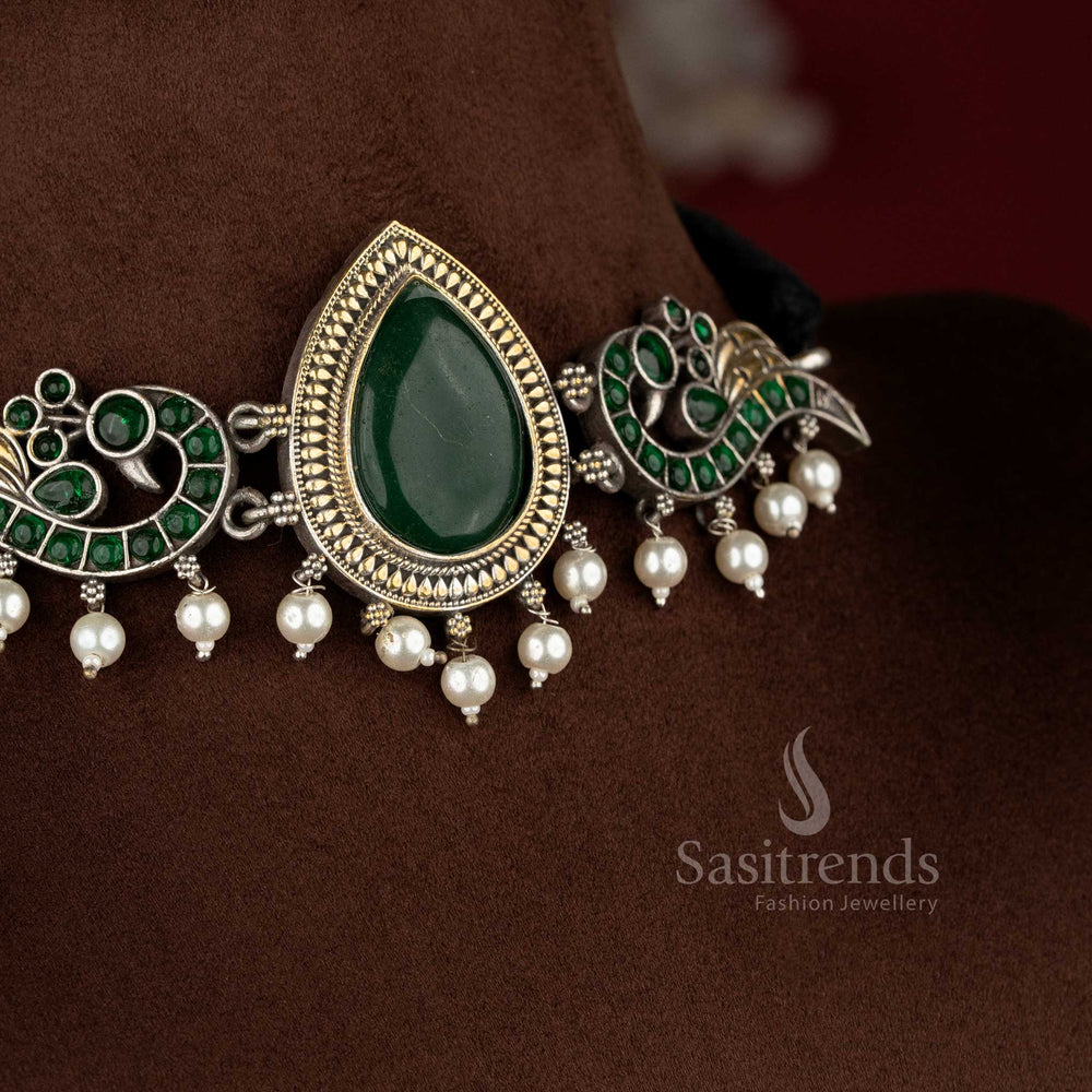 Traditional Dual tone antique oxidised 92.5 Silver green stone peacock motif choker jewellery set featuring structured design and matching earrings - Sasitrends