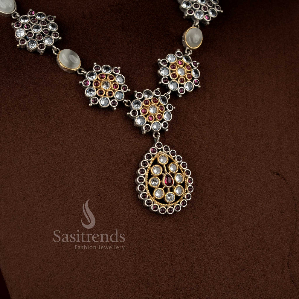 Radiant Twilight Charm oxidised white-ruby floral cluster teardrop necklace for elegant saree and Navaratri festive styling – Sasitrends