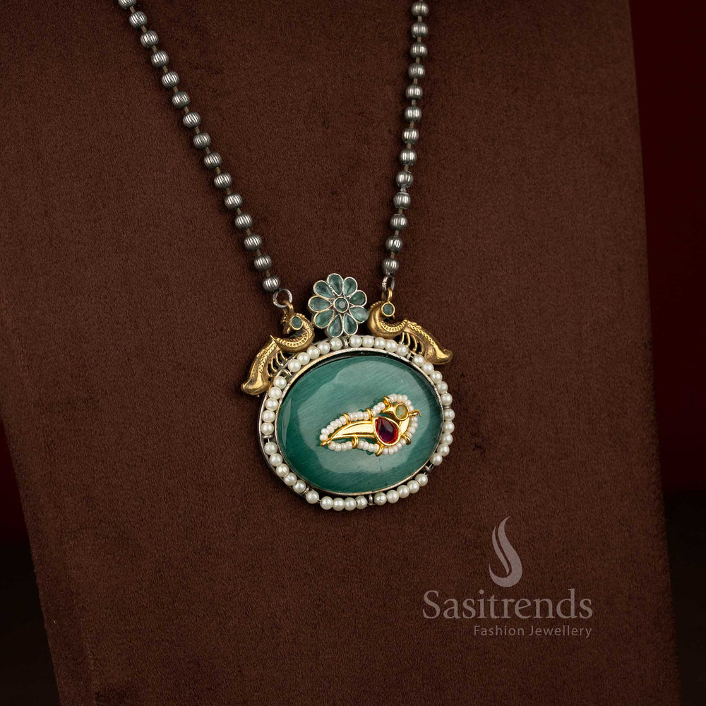 Sasitrends dual tone oxidised 92.5 Silver Plated peacock motif long mint stone necklace jewellery set with floral detailing and matching earrings