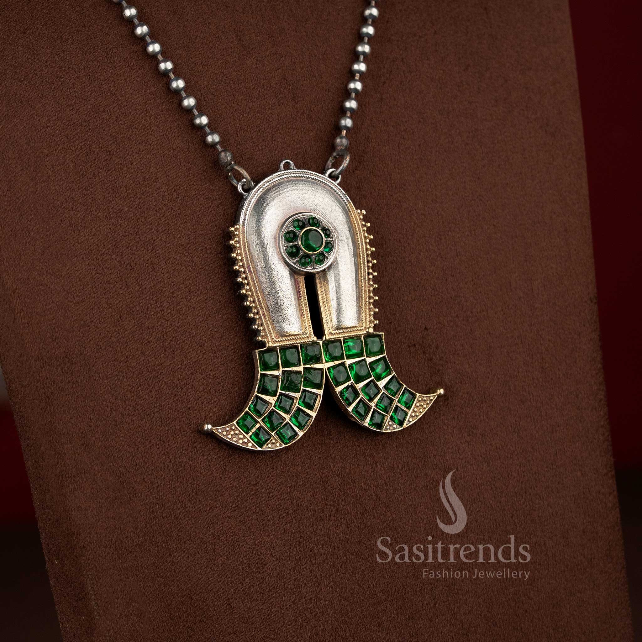 Sasitrends dual tone oxidised 92.5 Silver Plated heritage inspired green stone long necklace jewellery set with architectural pendant detailing