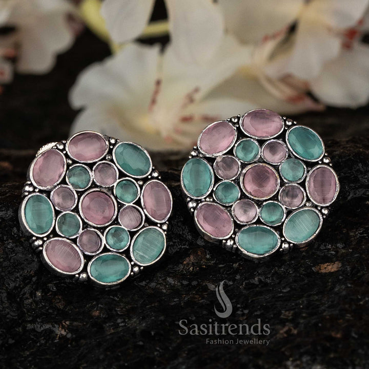 Elegant Mint Pink Stone Stud Flower Designer Navarathiri Special Collection Earrings Sasitrends Online