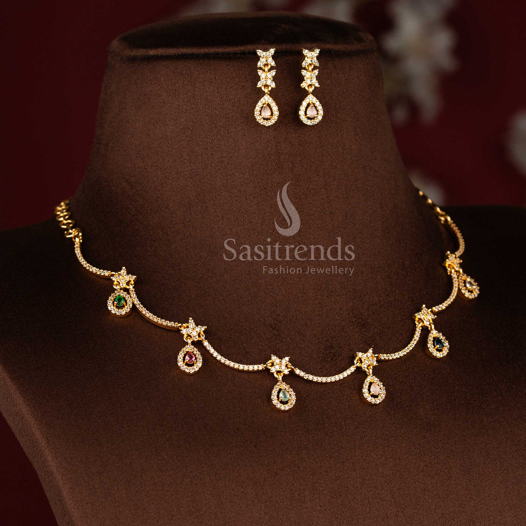 Micro gold plated necklace set showcasing interlinked rhombus floral patterns with scalloped teardrop American diamond accents in multi shades – Sasitrends