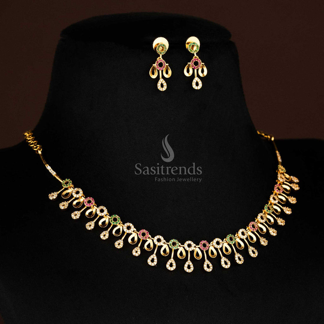 Regal style floral motif necklace set featuring glimmering American diamonds and a rich matte gold tone, handcrafted for cultural functions and bridal occasions – authentic traditional jewellery by Sasitrends.