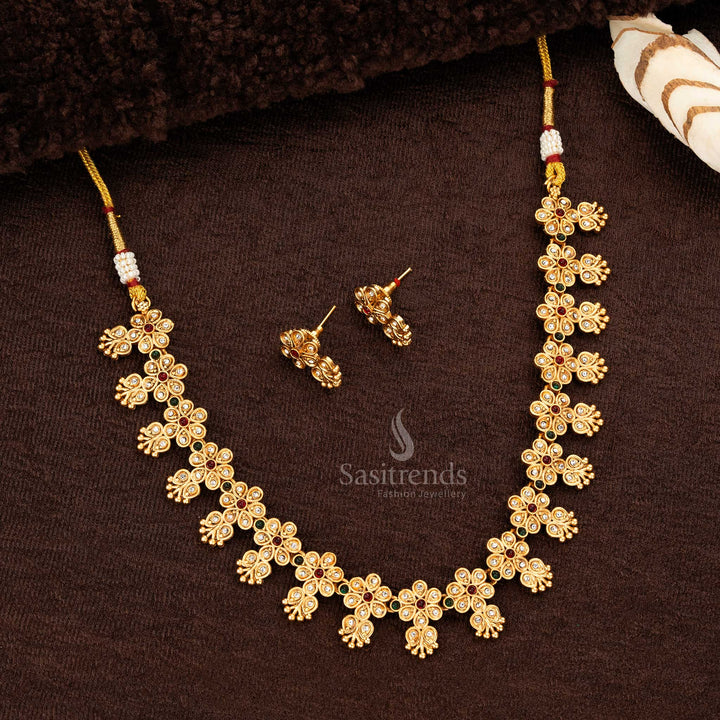 dazzling matte gold plated ruby and  green floral motif necklace with earrings - Sasitrends