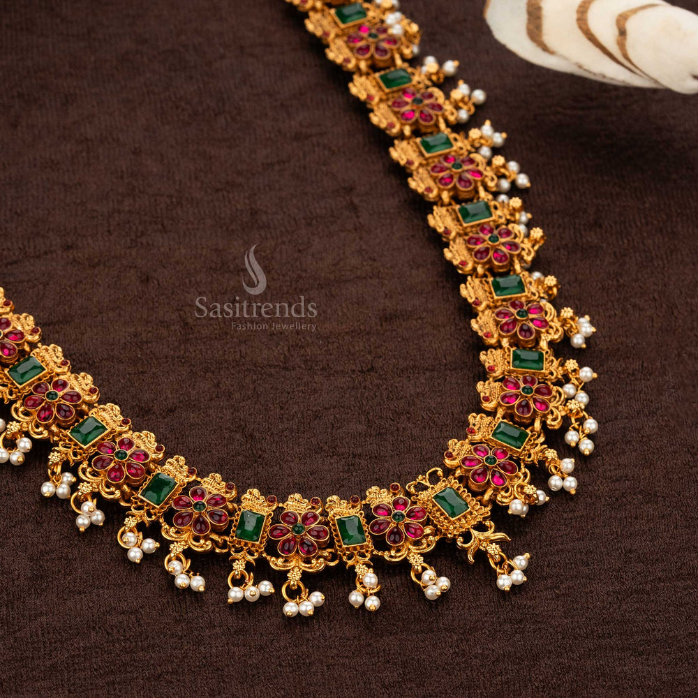 Long haram jewellery set with floral and rectangular gemstone design – Ruby and Green stones - Sasitrends