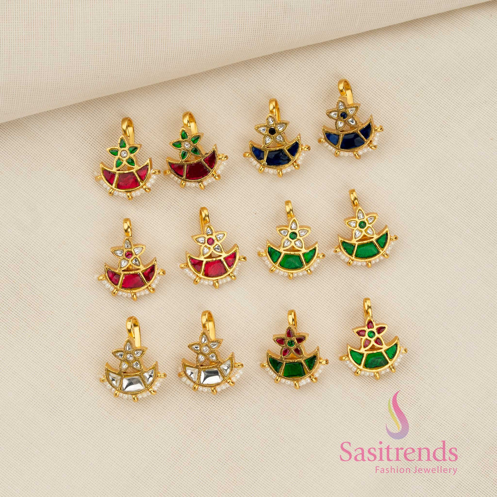 Attractive collection of 24K Jadau Kundan floral crest half moon bugadi earcuff earrings with elegant pearl detailing, suitable for refined festive gatherings and graceful cultural ensembles - Sasitrends