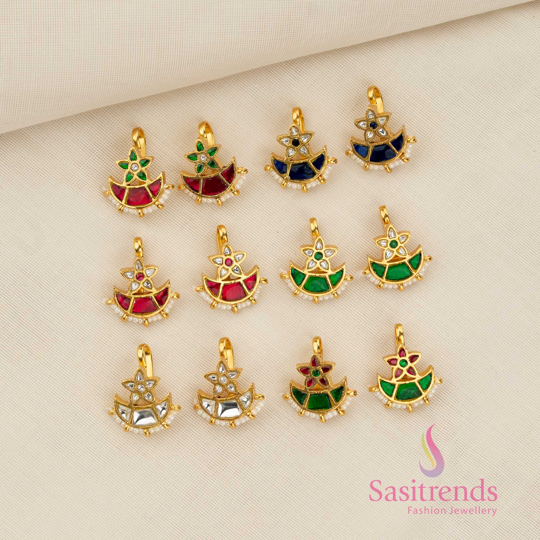 Attractive collection of 24K Jadau Kundan floral crest half moon bugadi earcuff earrings with elegant pearl detailing, suitable for refined festive gatherings and graceful cultural ensembles - Sasitrends