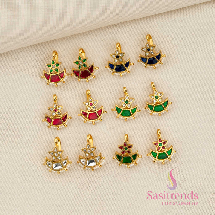 Attractive collection of 24K Jadau Kundan floral crest half moon bugadi earcuff earrings with elegant pearl detailing, suitable for refined festive gatherings and graceful cultural ensembles - Sasitrends