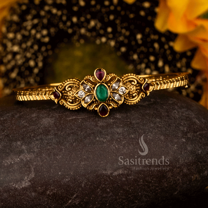 Amazing Matte Gold Plated Floral Single Kada Bangle AD Openable Bracelet for Celebrations and Festive Styling