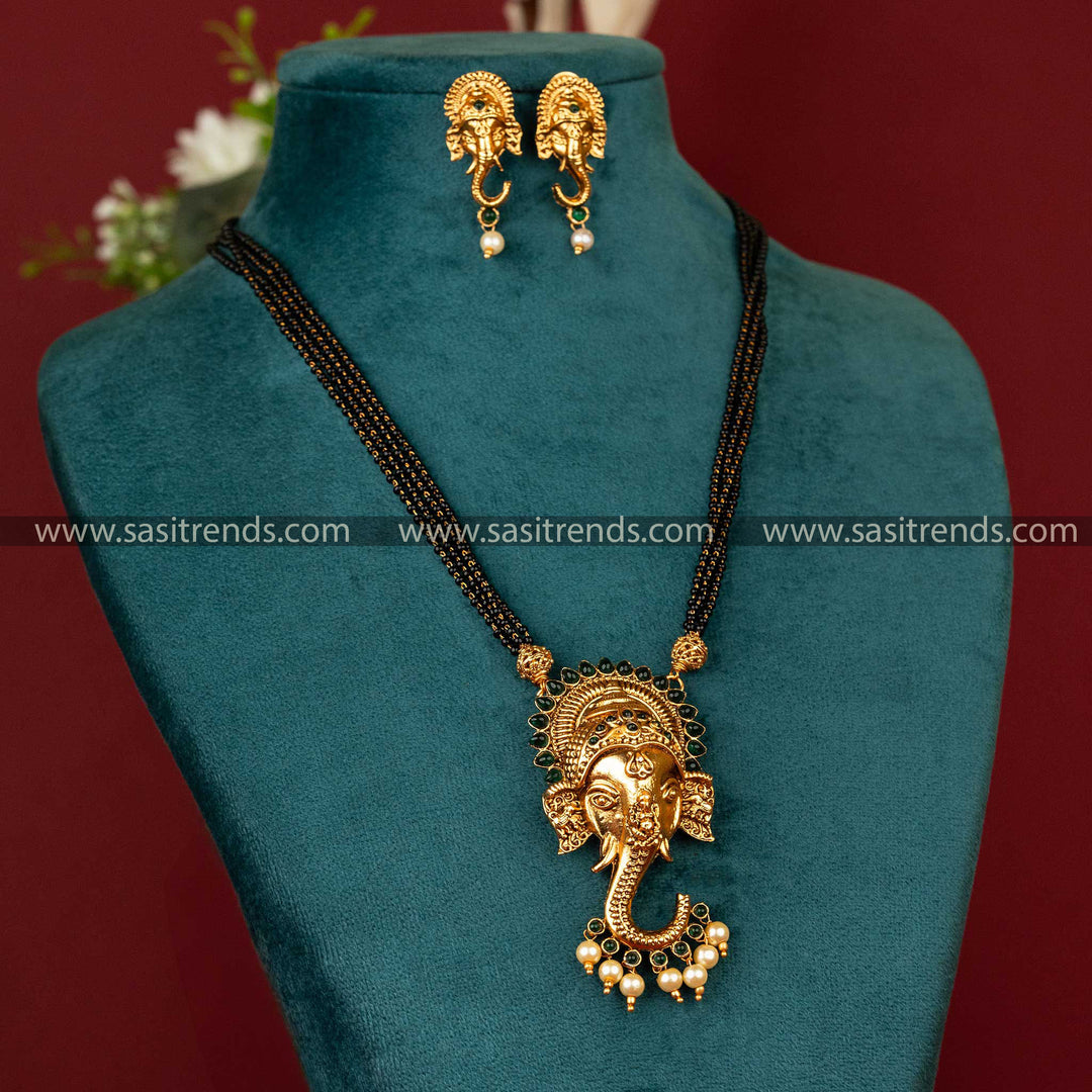 Matte Gold Plated Mangalsutra with Ganesh Pendant Earrings