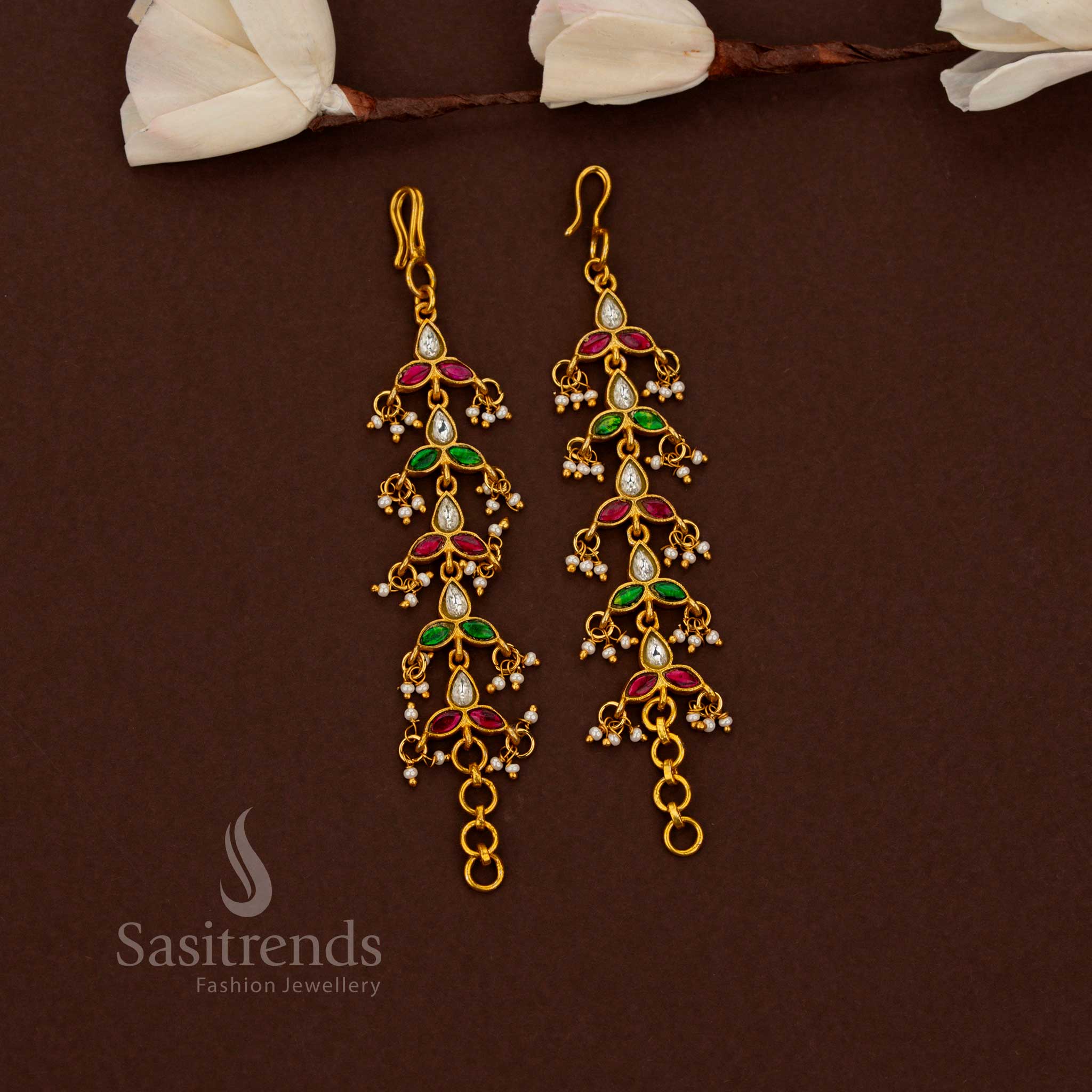 Regal jadau kundan gold plated tier drop floral branch pearl matil in multicolour finish ideal for bridal dressing and grand wedding ceremonies – Sasitrends