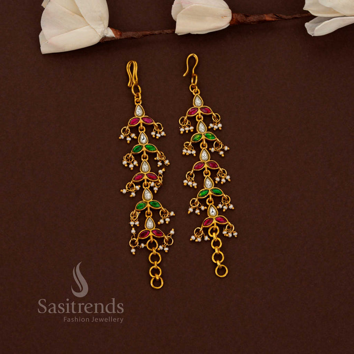 Elegant Jadau Kundan Gold Plated Tier-Drop Floral Branch Silhouette Pearl Straight Matil – Bridal Heritage Jewellery with Royal Finish