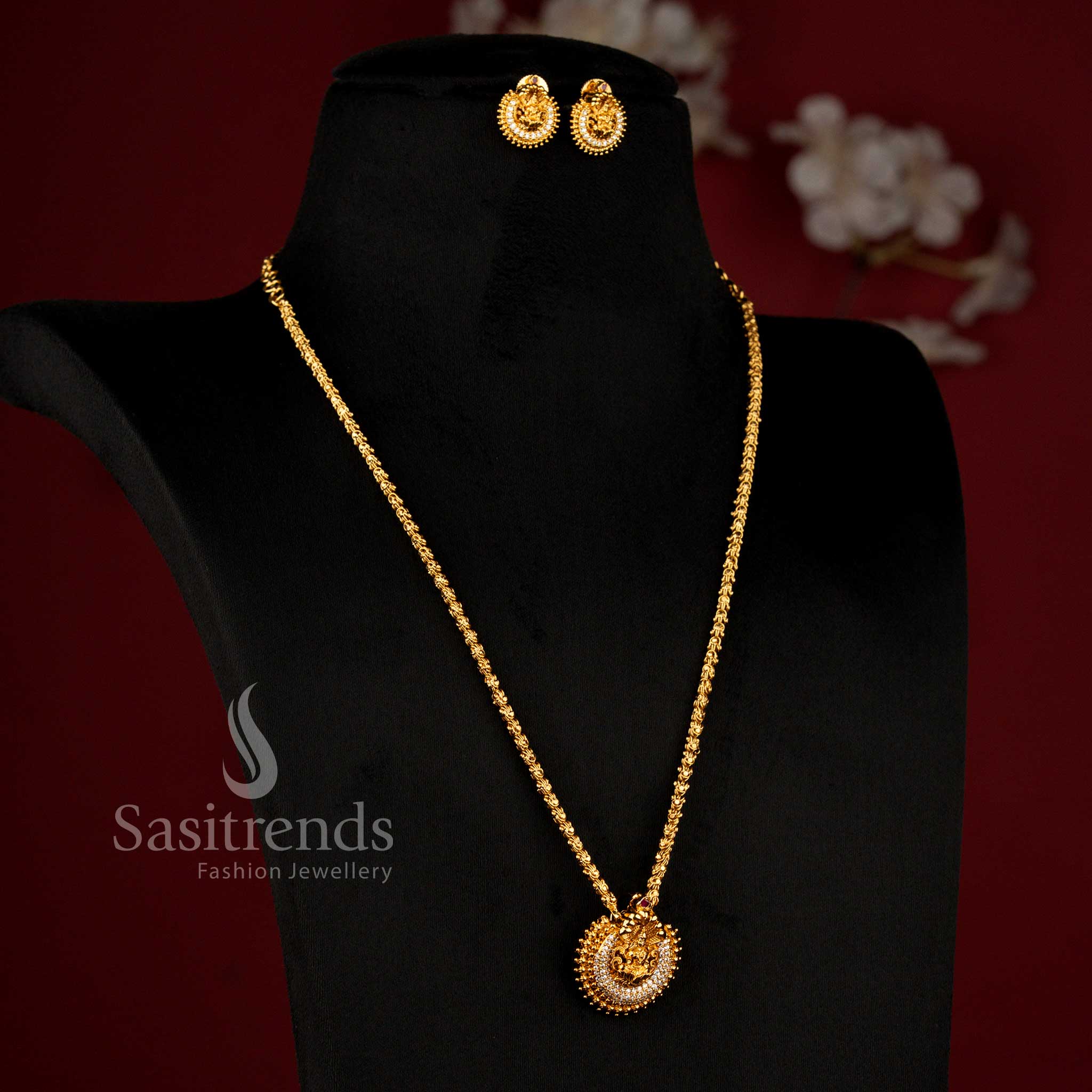 Gorgeous temple matte gold plated goddess lakshmi stone medallion chain necklace set - Sasitrends