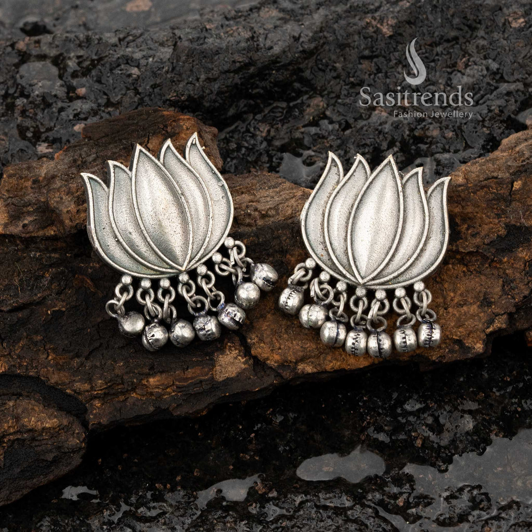 Stunning Silver Replica Oxidised Lotus Motif Earrings with Dangling Beads Sasitrends