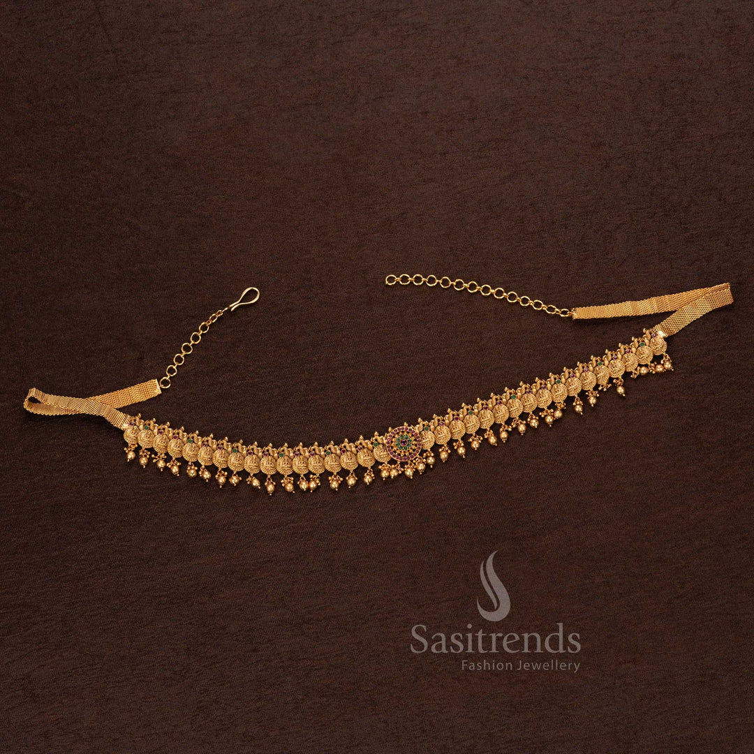 Regal temple-style hip belt with traditional Lakshmi coin engravings, beaded borders, and an adjustable chain closure – Sasitrends