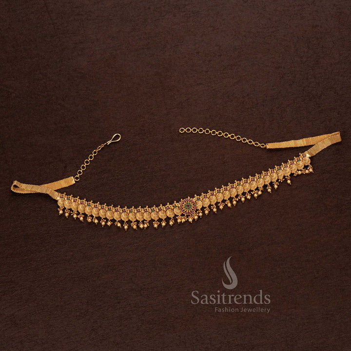 Regal temple-style hip belt with traditional Lakshmi coin engravings, beaded borders, and an adjustable chain closure – Sasitrends