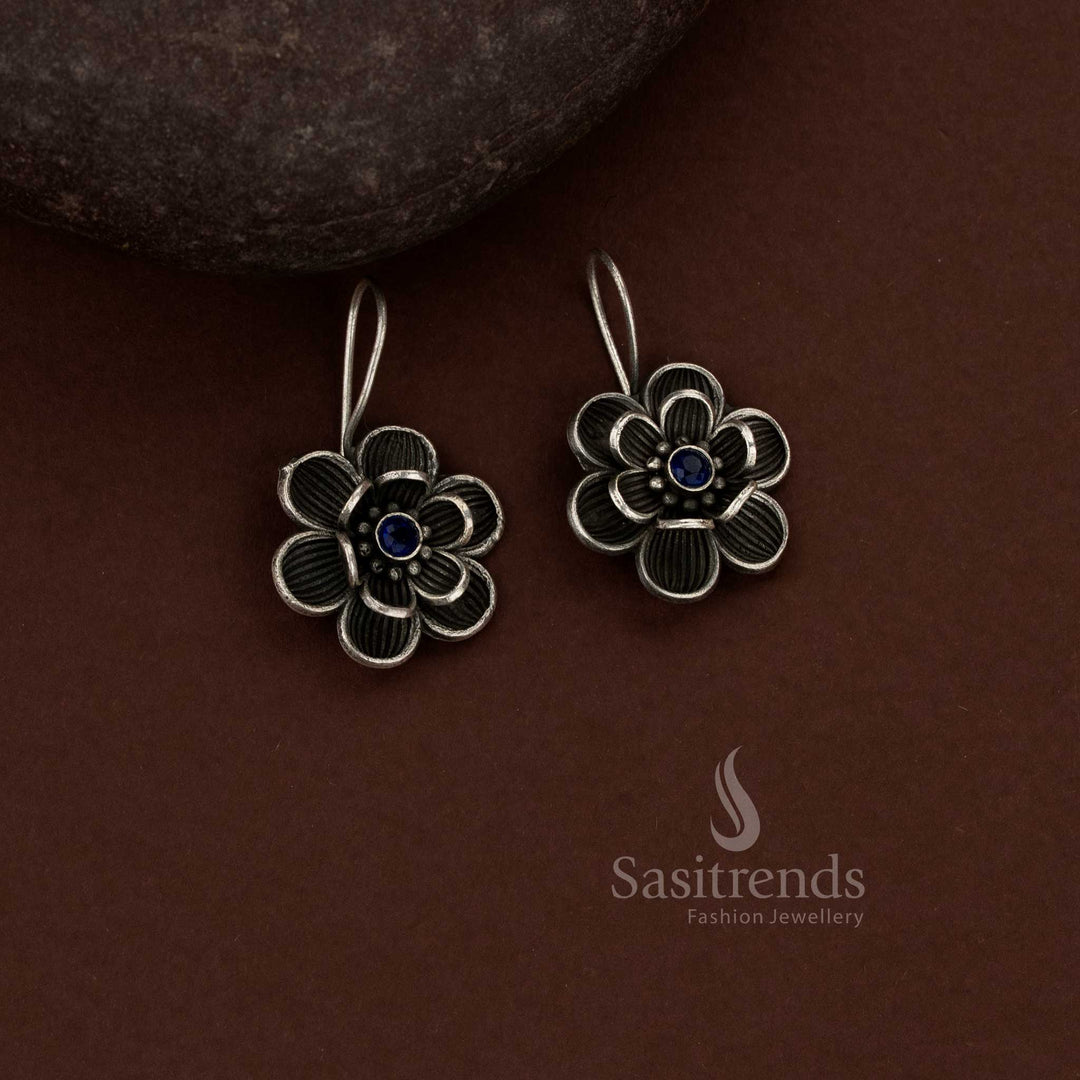 Sasitrends oxidised German silver blue center stone floral wire-form drop earrings with layered petal design