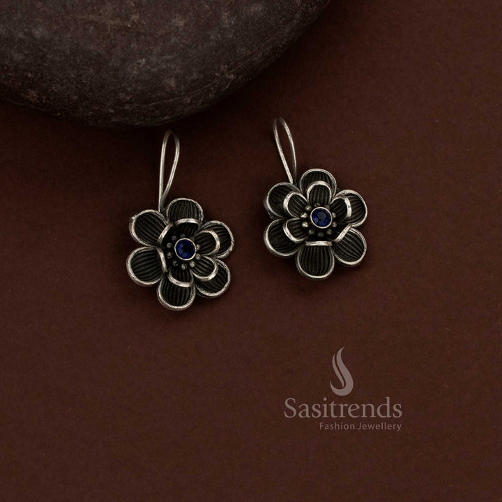 Attractive Oxidised German Silver Floral Wire-Form Drop Earrings with Layered Petal Construction and Central Stone Accent