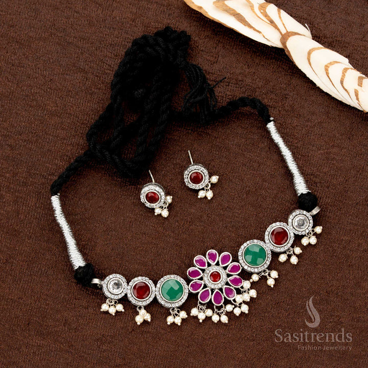 Navaratri special floral oxidised choker necklace designed with pearl drops and colourful stones, elevating traditional jewellery with charm and elegance - Sasitrends