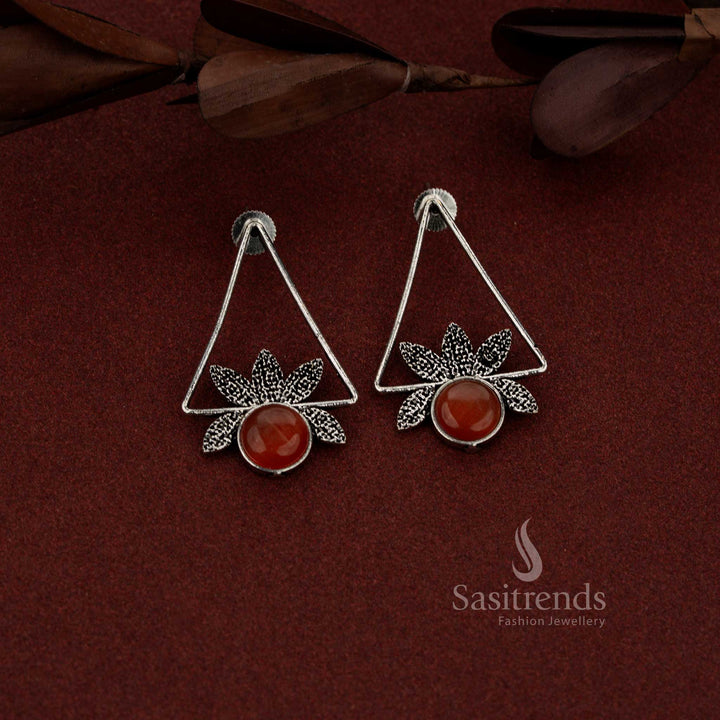Elegant oxidised isosceles triangle earrings finished with neatly set round orange stones