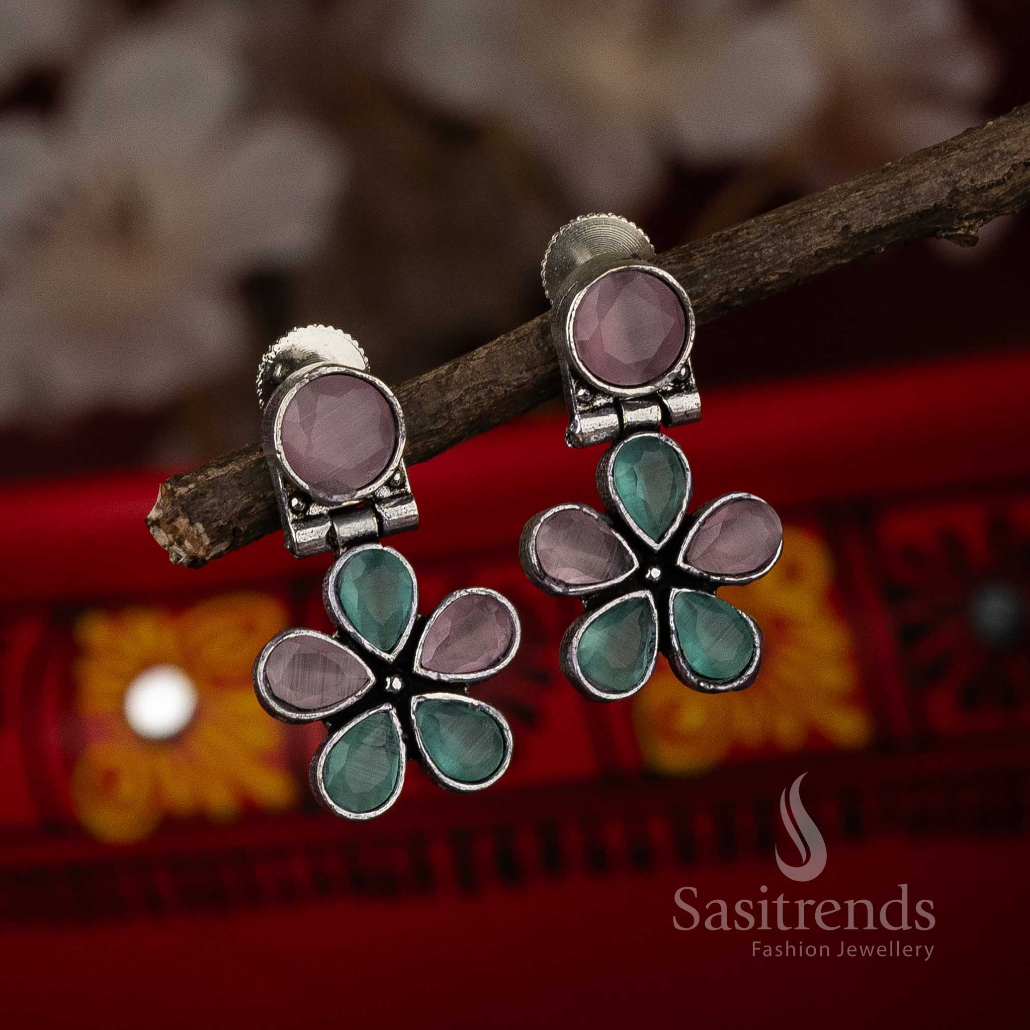 Elegant Oxidised Mint Pink Stone Stud Floral Designer Push Back Earrings Sasitrends Online Shopping
