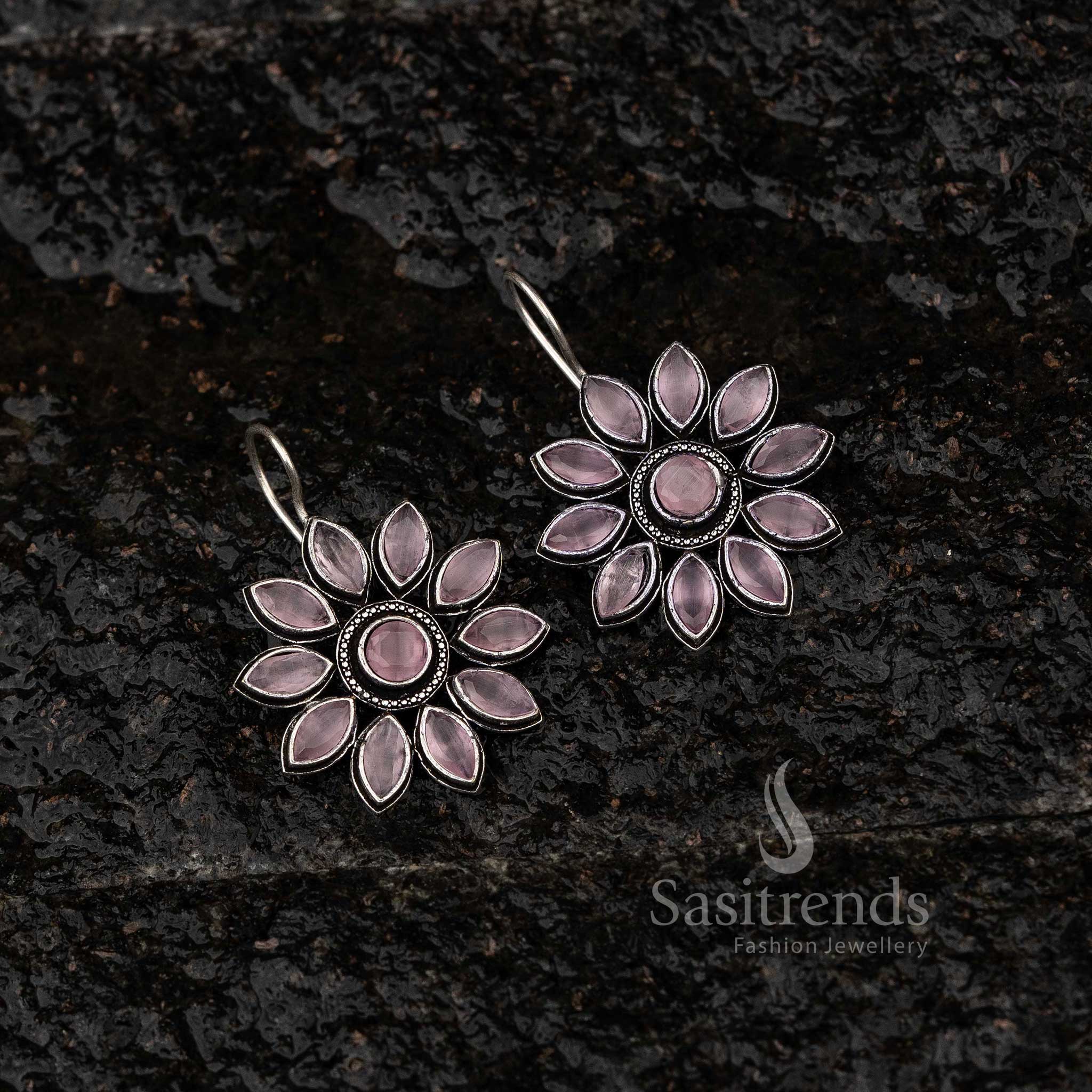 Elegant Pink Stone Stud Floral Oxidised Fish Hook Earrings Sasitrends Jewellery