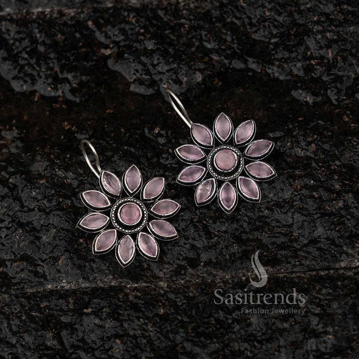 Elegant Pink Stone Stud Floral Oxidised Fish Hook Earrings Sasitrends Jewellery